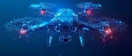 smart blue digital  hologram drone with camera , ai in aerial surveillance systems, autonomous flight navigation, remote sensing technologies, and disaster response coordination.
