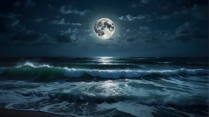full moon over sea - obrazy, fototapety, plakaty