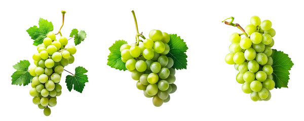 Bunch of green grapes with leaves isolated on transparent background