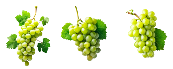 Bunch of green grapes with leaves isolated on transparent background