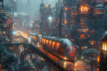 Futuristic silver train, bathed in neon lights, advances along tracks in a misty, skyscraper-filled metropolis, encapsulating a busy, advanced urban environment... - obrazy, fototapety, plakaty