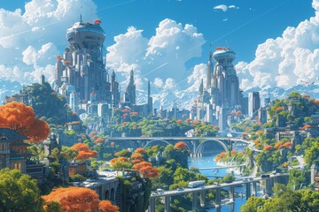 Concept art of a city powered by hydrogen energy, Futuristic cityscape with towering structures amid vibrant foliage, sprawling bridges over waterways. Serene skies complete this utopian vision.