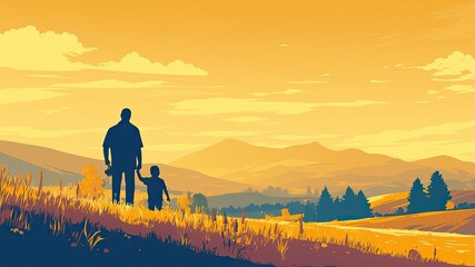 Capture the essence of Father’s Day with a silhouette of son walking alongside his father on a mountain peak during evening time, vector design with ample copy space.