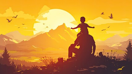 Capture the essence of Father&rsquo;s Day with a silhouette of son walking alongside his father on a mountain peak during evening time, vector design with ample copy space.