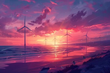 wind turbines standing tall on a windy coast at sunset, Seashore with wind turbines at dusk, waves gently lapping against the shore, under a sky ablaze with sunset colors, evoking serenity