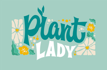 Plant lady, typography surrounded by groovy retro-script design element, daisies, leaves, and dots in a soft, grassy green palette. Rectangular layout. Perfect for floral, gardening shop merchandise