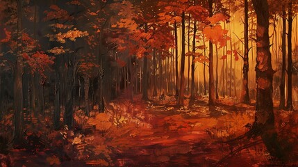 Oil painting, autumn forest, rich oranges and reds, twilight, panoramic, leaf detail.