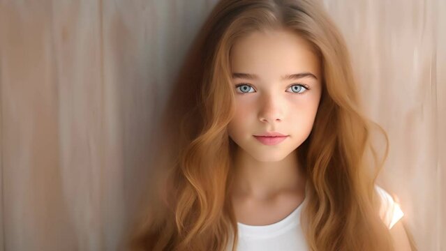 portrait of a beautiful young caucasian white American model teen girl looking forward. child ad with copy space, children, beauty, pretty, teenager