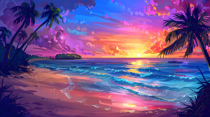 Fototapeta na wymiar Beautiful Sunset beach with twilight sky ,white sand ,tropical plant,summer background.vector illustration.