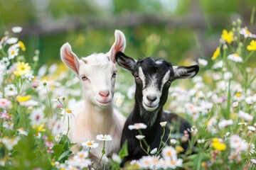 Fototapeta premium Two little funny baby goats in the field with flowers. Farm animals.