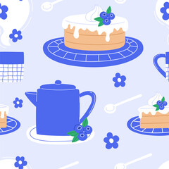 Seamless pattern with a blueberries cake and hot drink