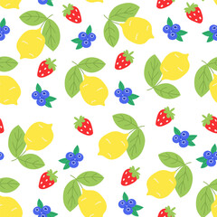 Seamless pattern with a strawberry, lemon, blueberry