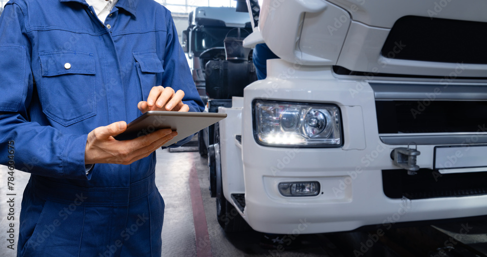 Poster serviceman with digital tablet on the background of the truck in the garage..