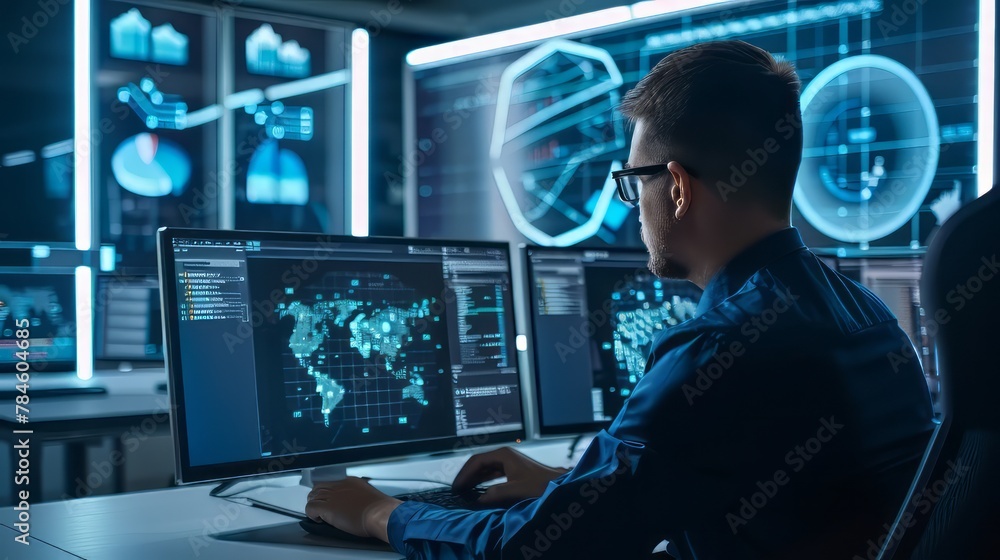 Poster a man is sitting in front of two computer monitors, one of which is displaying a map of the world. h