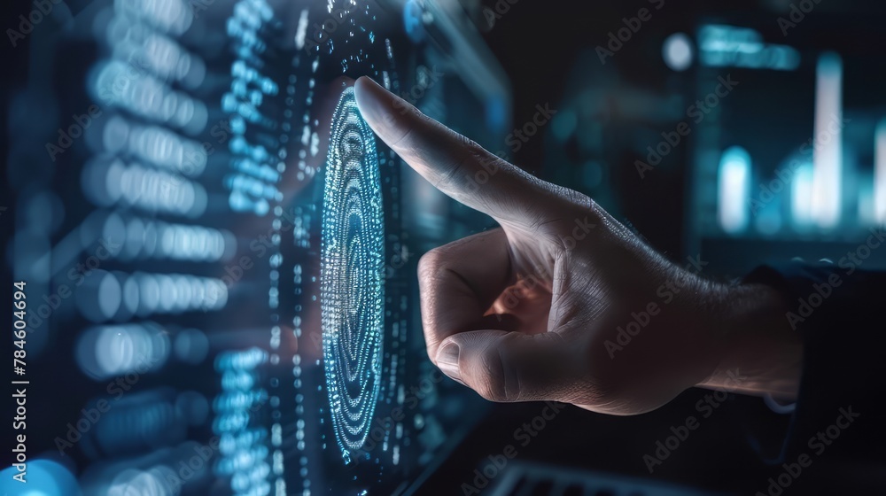 Aufkleber a hand is pointing at a computer screen with a blue circle on it. the circle is surrounded by a lot 
