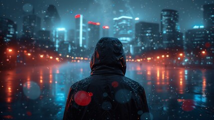 a man in a hooded jacket is standing in front of a city at night
