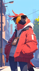 A cartoonish bird wearing sunglasses and a red jacket is standing on a sidewalk