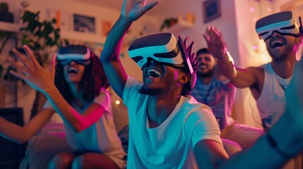 A group of friends laughing and gesturing while wearing VR headsets, fully immersed in a virtual reality game, their living room transformed into a digital playground.