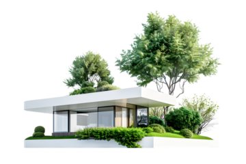 White house with green tree isolated on white