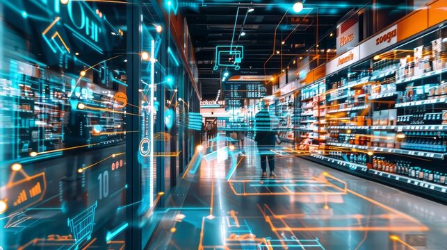 A futuristic shopping mall with a person walking down the aisle. The image is a representation of a virtual shopping experience