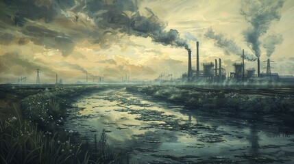 Illustrate the stark reality of environmental damage caused by industrial activities. Depict a scene where a factory wastewater discharge pipe releases pollutants into a once pristine canal and sea. 