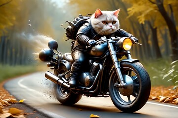 cat biker on a motorcycle rides down the road - obrazy, fototapety, plakaty