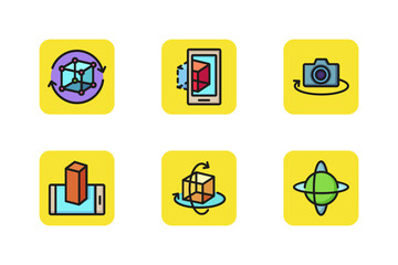 Design information technology line icon set. 3D rotating arrows, virtual three-dimensional cubes, globe. Geometry, network, science, technology concept. Cyberspace, design thinking, digital industry