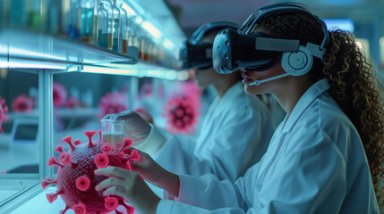 Futuristic Laboratory Scientists Engaging in Virtual Reality Research with Giant Virus Model