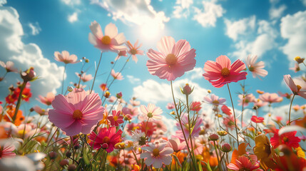 Fototapeta na wymiar Wildflowers Under Sunny Blue Sky