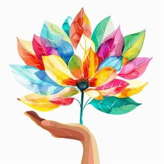 Colorful watercolor flower made of leaves in a hand