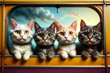 funny cats travel in a train carriage, vacation