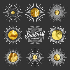 Vintage sunburst, sunset beams. Gold foil, shiny handmade circles. Golden glittering texture, pattern. Hand drawn bursting sun, light rays. Logotype or lettering, retro style. Vector illustration