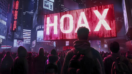 Crowd of people standing on city square street, group looking at the large display TV screen with text hoax. False or fake news concept, media deception and manipulation,politics dishonesty propaganda - obrazy, fototapety, plakaty