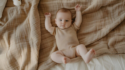 Flatlay newborn baby in cute brown bodysuit lying on bed linens
