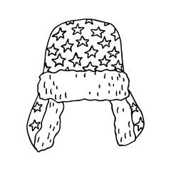 Ear flap hat doodle Hand drawn winter accessories. Single design element for card, print, design, decor