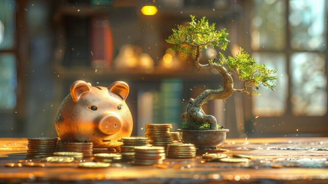 Golden Prosperity: Bonsai and Piggy Bank