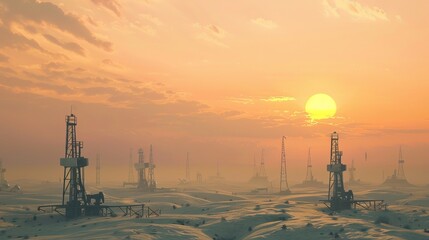 The impact of warfare on oil prices, with oil derricks in a desert illustrating crude oil extraction and the concept of an oil price cap - obrazy, fototapety, plakaty