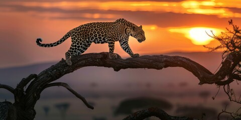 A leopard descending from an acacia branch, its eyes locked on the horizon, where the savanna meets...