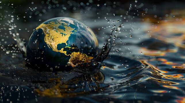 The Earth depicted as a globe splashing into oil, symbolizing environmental harm and resource depletion