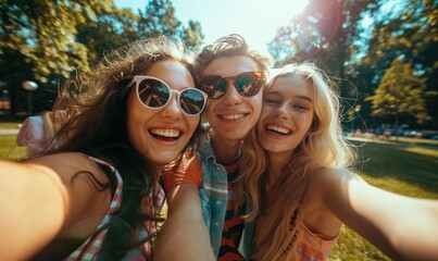 Happy friends taking a selfie. Summer, wide angle view