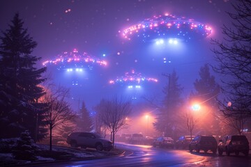 Mesmerizing winter night scene with glowing UFO lights over snowy neighborhood. Concept of alien visitation, extraterrestrial phenomenon, and otherworldly mystery