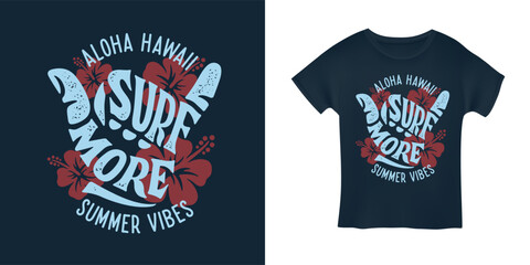 Naklejka premium Surf more typography t-shirt design. Hand drawn shaka sign lettering print. Aloha Hawaii apparel design. Vector illustration.