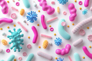 Cute and colorful 3D bacteria and microorganism. Colorful abstract background of microscopic bacteria and microorganism cells - obrazy, fototapety, plakaty