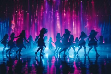 Energetic neon dance performance with silhouettes of dancers on stage with colorful lights and...