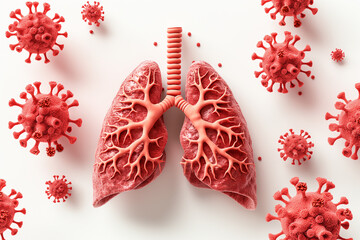 Virus attacking the human lungs. 3D model of human lungs surrounded by virus.  - obrazy, fototapety, plakaty