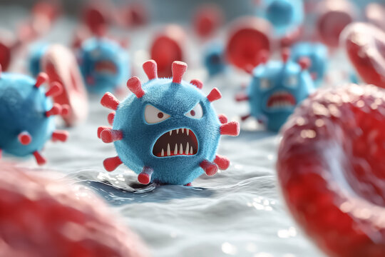 Angry 3D virus attack red blood cell inside human body