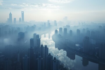 Integration of PM 2.5 filtering systems into city infrastructure,  Early morning cityscape immersed in haze. towering skyscrapers silhouette against brightening sky, reflections in calm river below,