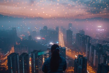 Integration of PM 2.5 filtering systems into city infrastructure, Figure stands overlooking night city, back turned, engulfed in digital glow; lights streak below amidst high-rises, - obrazy, fototapety, plakaty