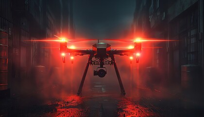 Illustrate a vector graphic showing a dramatic scene of an espionage drone capturing confidential footage, the dramatic lighting enhancing the secrecy and tension of the mission - obrazy, fototapety, plakaty