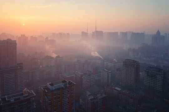 Integration of PM 2.5 filtering systems into city infrastructure,  Sunrise blankets city in soft light. smoke rises from buildings into orange sky, while empty streets evoke serene start of day